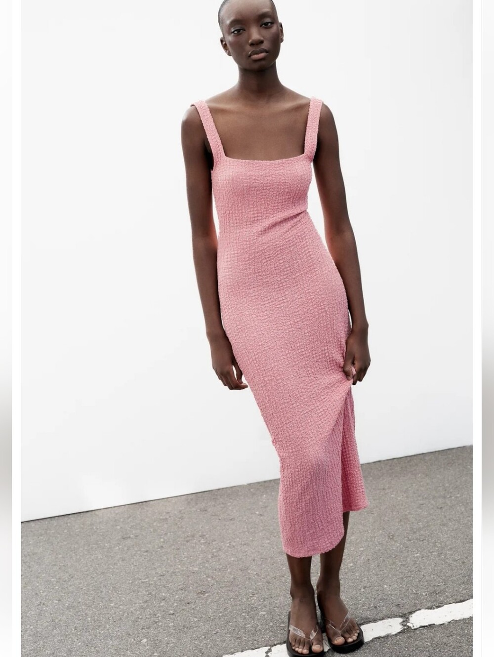 Zara Pink Textured Scoop Midi Dress